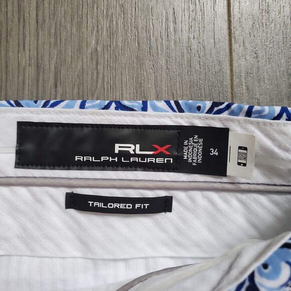 RLX Ralph Lauren Shorts Men 34 9" Performance Golf Fish Print Blue Flat Front - Picture 4 of 9